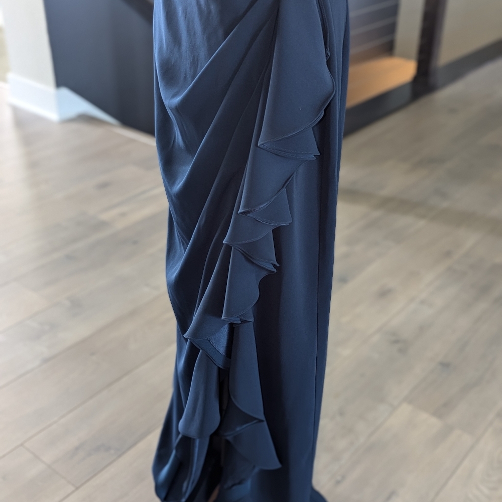Badgley Mischka Navy Blue Strapless Sequins Ruffle Long Gown Dress Size 12 - Picture 4 of 16